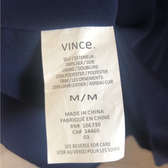 VINCE Silk & Lamb Leather Trimmed Navy Tunic Dress Short Sleeve Size Medium - Picture 6 of 6